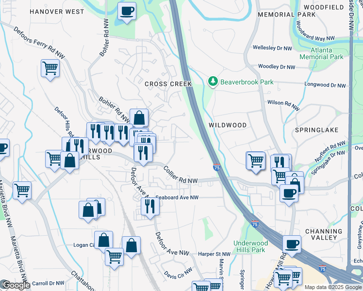 map of restaurants, bars, coffee shops, grocery stores, and more near 1185 Collier Road Northwest in Atlanta