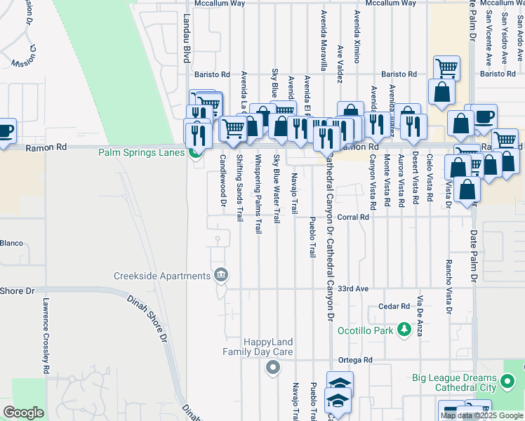map of restaurants, bars, coffee shops, grocery stores, and more near 32440 Whispering Palms Trail in Cathedral City