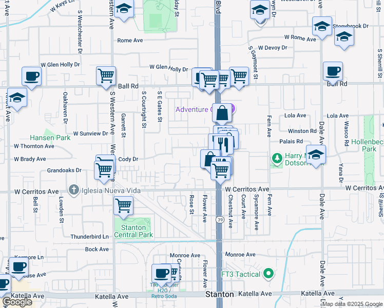 map of restaurants, bars, coffee shops, grocery stores, and more near 7862 2nd Street in Stanton