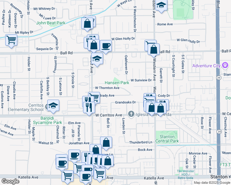 map of restaurants, bars, coffee shops, grocery stores, and more near 3359 West Brady Avenue in Anaheim