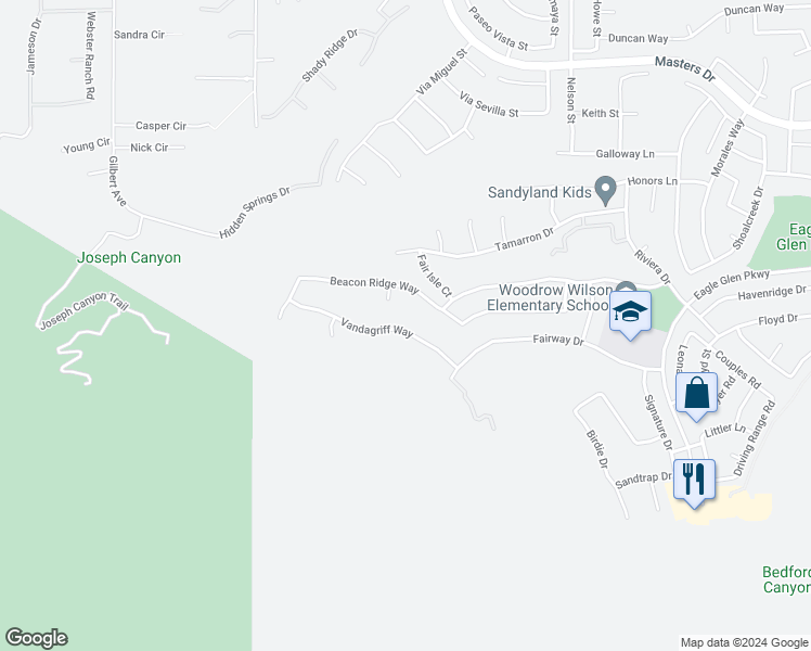 map of restaurants, bars, coffee shops, grocery stores, and more near 1561 Vandagriff Way in Corona