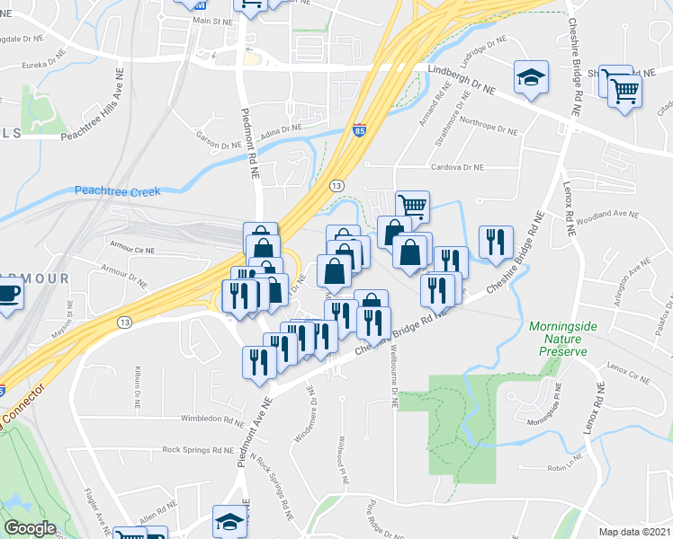 map of restaurants, bars, coffee shops, grocery stores, and more near 805 Lambert Drive Northeast in Atlanta