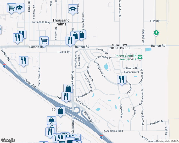 map of restaurants, bars, coffee shops, grocery stores, and more near 32500 Saint Andrews Drive in Thousand Palms