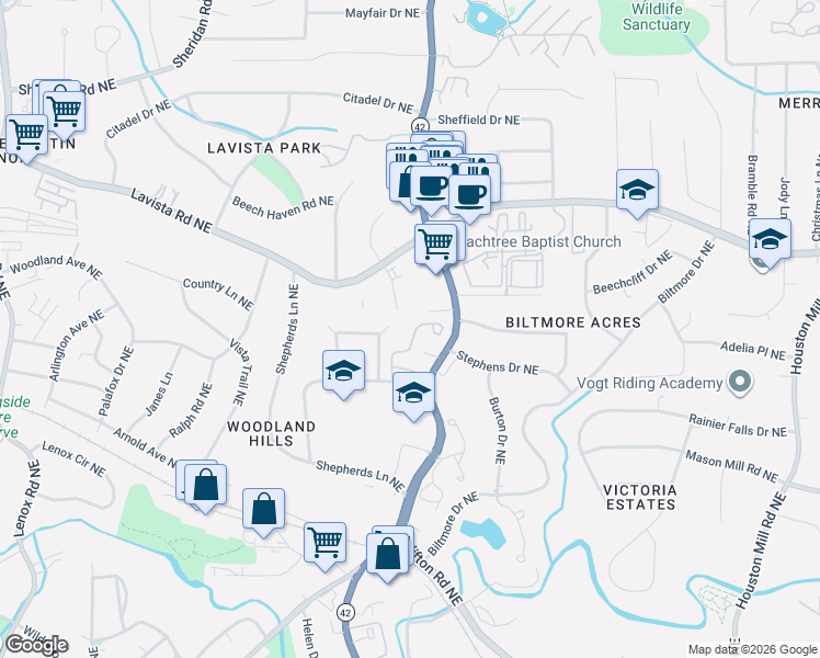 map of restaurants, bars, coffee shops, grocery stores, and more near 1230 Franklin Circle Northeast in Atlanta