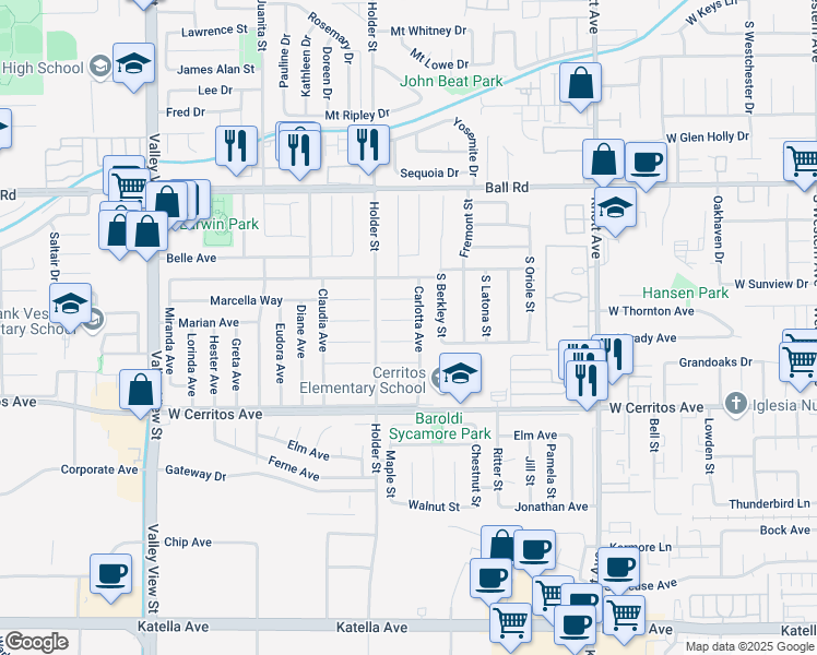 map of restaurants, bars, coffee shops, grocery stores, and more near 6551 Constance Circle in Buena Park
