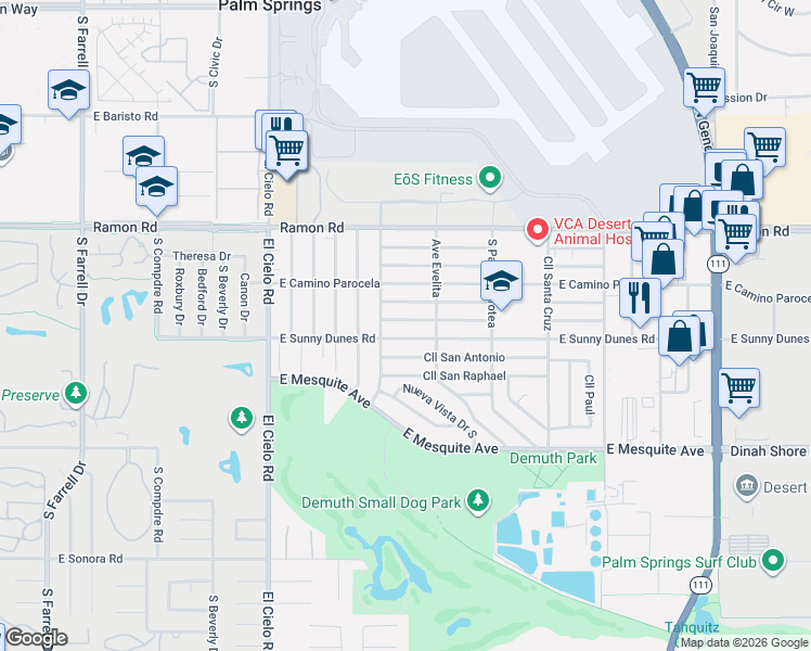 map of restaurants, bars, coffee shops, grocery stores, and more near 3781 East Camino San Miguel in Palm Springs