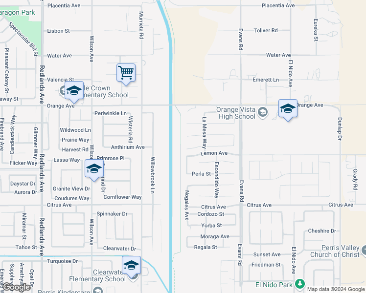 map of restaurants, bars, coffee shops, grocery stores, and more near 1012 Madera Street in Perris