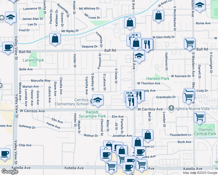 map of restaurants, bars, coffee shops, grocery stores, and more near 1352 South Moonstone Street in Anaheim