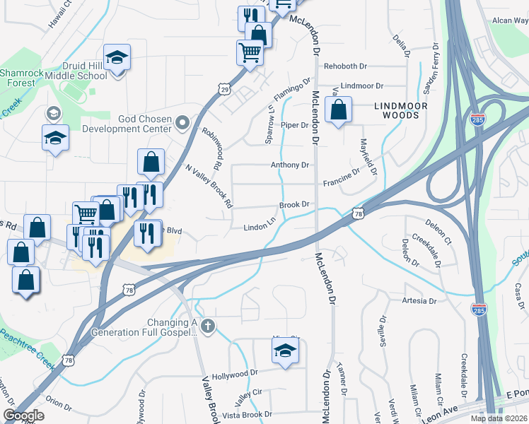 map of restaurants, bars, coffee shops, grocery stores, and more near 3058 Brook Drive in Decatur