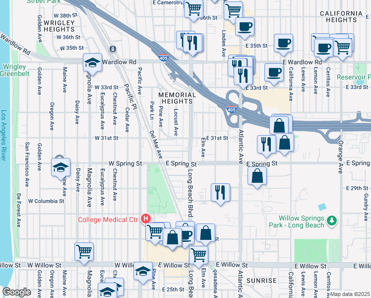 map of restaurants, bars, coffee shops, grocery stores, and more near in Long Beach