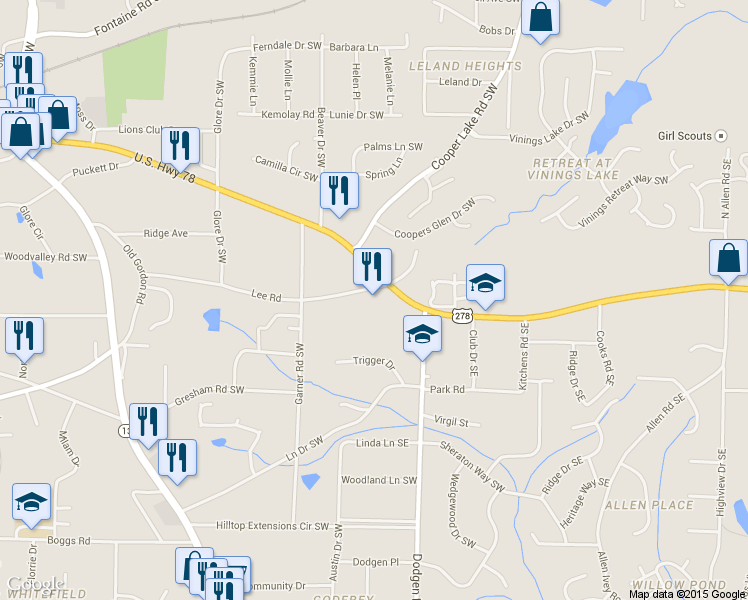 map of restaurants, bars, coffee shops, grocery stores, and more near 185 Veterans Memorial Highway Southwest in Mableton
