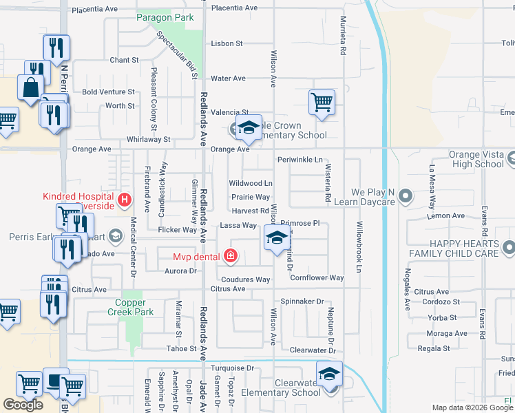 map of restaurants, bars, coffee shops, grocery stores, and more near 529 Prairie Way in Perris