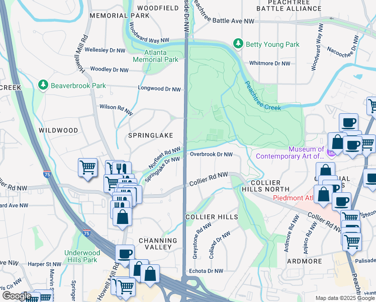 map of restaurants, bars, coffee shops, grocery stores, and more near 595 Overbrook Drive Northwest in Atlanta