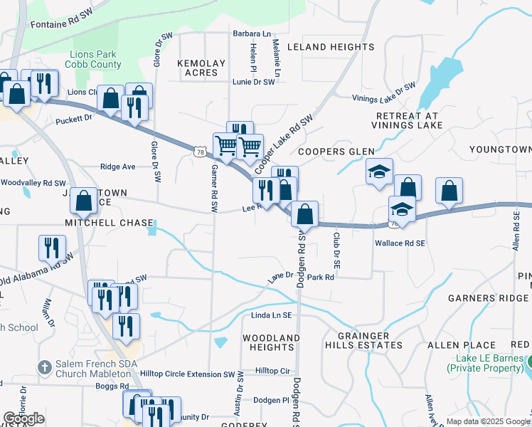 map of restaurants, bars, coffee shops, grocery stores, and more near 185 Veterans Memorial Highway Southeast in Mableton