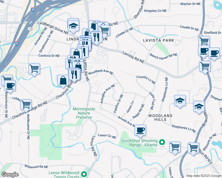 map of restaurants, bars, coffee shops, grocery stores, and more near 2129 Arlington Avenue Northeast in Atlanta