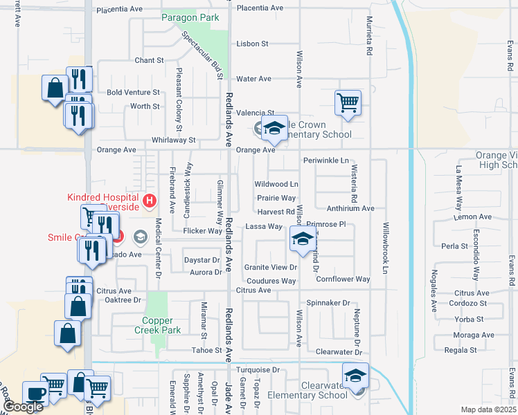 map of restaurants, bars, coffee shops, grocery stores, and more near 484 Harvest Road in Perris