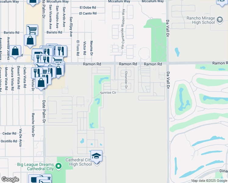map of restaurants, bars, coffee shops, grocery stores, and more near Tennis Court Drive in Cathedral City