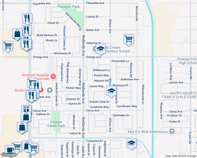 map of restaurants, bars, coffee shops, grocery stores, and more near 510 Harvest Road in Perris