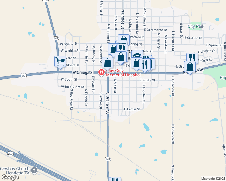 map of restaurants, bars, coffee shops, grocery stores, and more near 402 South Main Street in Henrietta