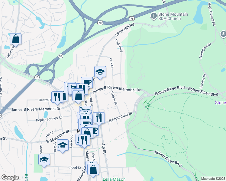 map of restaurants, bars, coffee shops, grocery stores, and more near 6751 James B Rivers Memorial Drive in Stone Mountain