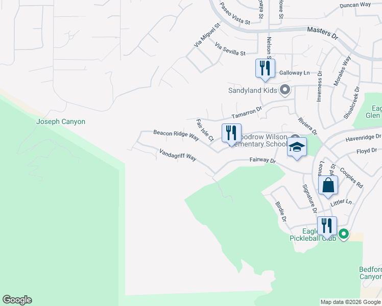 map of restaurants, bars, coffee shops, grocery stores, and more near 1561 Vandagriff Way in Corona