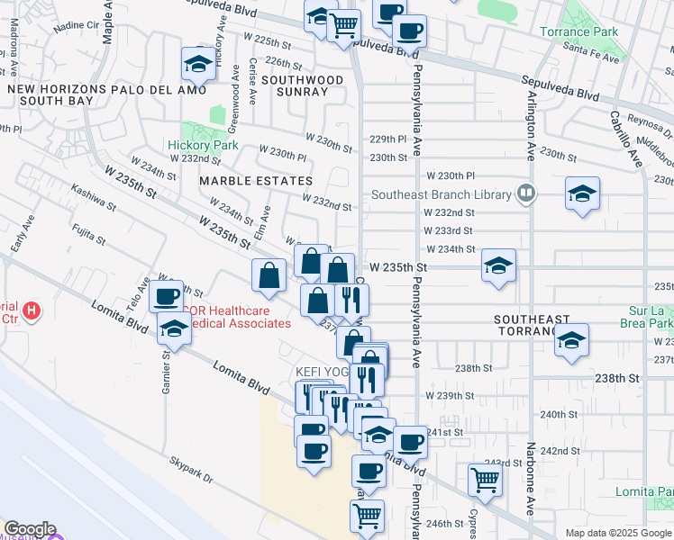 map of restaurants, bars, coffee shops, grocery stores, and more near in Torrance