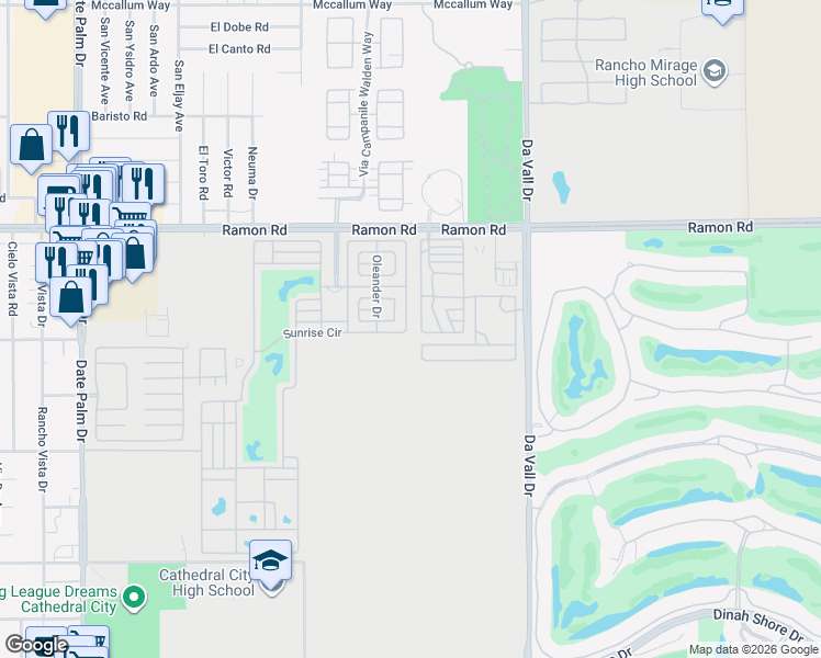 map of restaurants, bars, coffee shops, grocery stores, and more near 69801 Ramon Road in Cathedral City