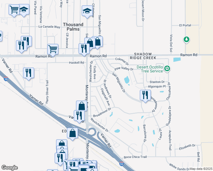 map of restaurants, bars, coffee shops, grocery stores, and more near 32500 Saint Andrews Drive in Thousand Palms