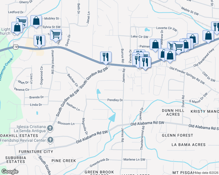 map of restaurants, bars, coffee shops, grocery stores, and more near 1558 Priscilla Lane in Austell