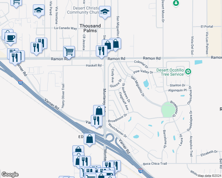 map of restaurants, bars, coffee shops, grocery stores, and more near 73050 Banff Street in Thousand Palms