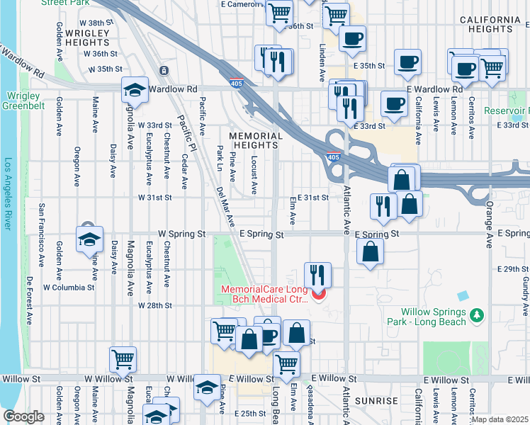 map of restaurants, bars, coffee shops, grocery stores, and more near in Long Beach