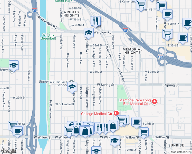 map of restaurants, bars, coffee shops, grocery stores, and more near 3075 Eucalyptus Avenue in Long Beach