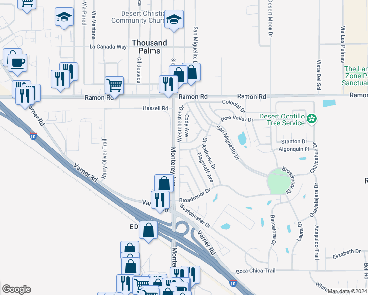 map of restaurants, bars, coffee shops, grocery stores, and more near 73050 Banff Street in Thousand Palms