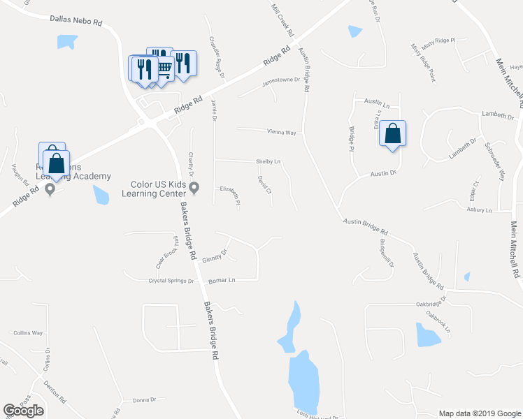 map of restaurants, bars, coffee shops, grocery stores, and more near 168 David Court in Hiram