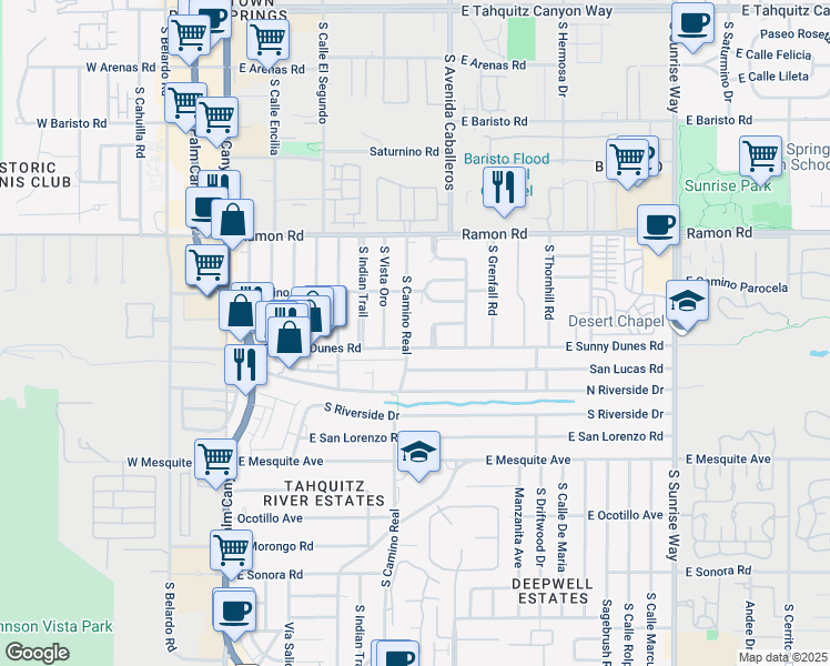 map of restaurants, bars, coffee shops, grocery stores, and more near 10 Warm Sands Place in Palm Springs