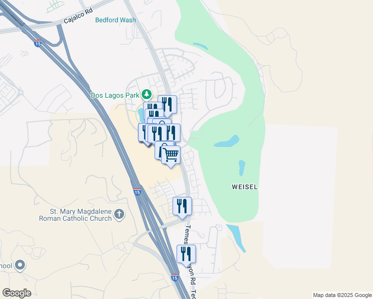 map of restaurants, bars, coffee shops, grocery stores, and more near 4468 Owens Street in Corona