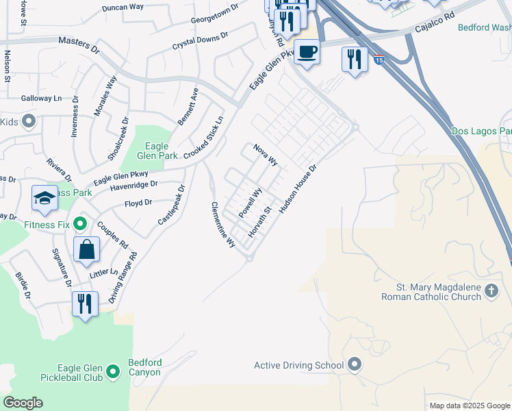 map of restaurants, bars, coffee shops, grocery stores, and more near 4171 Powell Way in Corona
