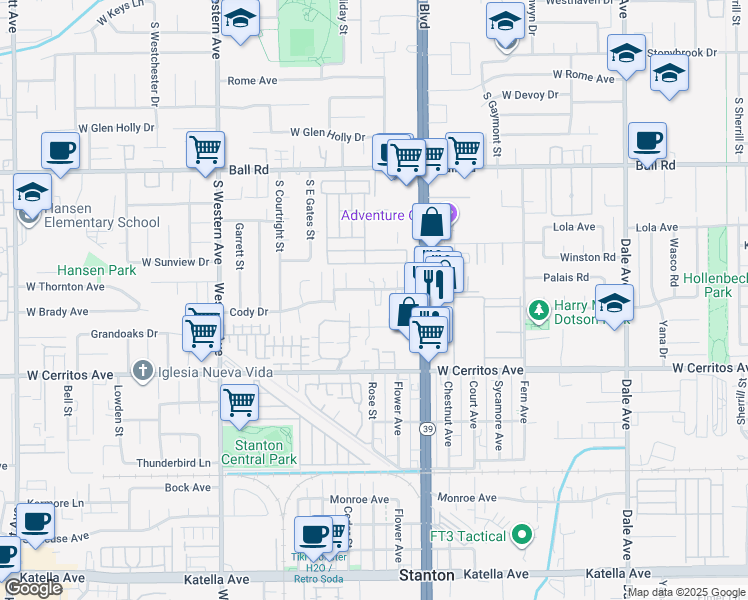 map of restaurants, bars, coffee shops, grocery stores, and more near 7830 2nd Street in Stanton