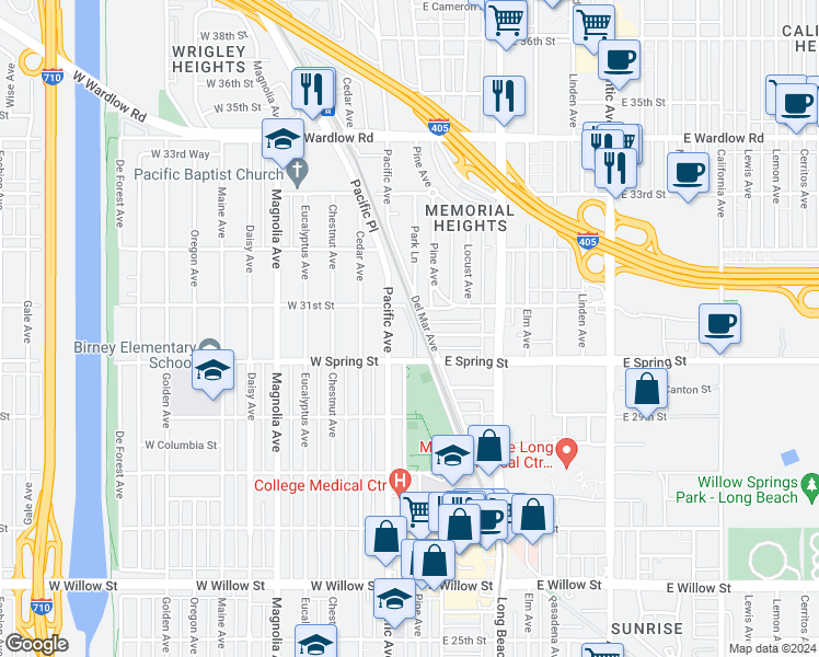 map of restaurants, bars, coffee shops, grocery stores, and more near 110 East 31st Street in Long Beach