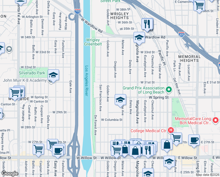 map of restaurants, bars, coffee shops, grocery stores, and more near 3075 Oregon Avenue in Long Beach