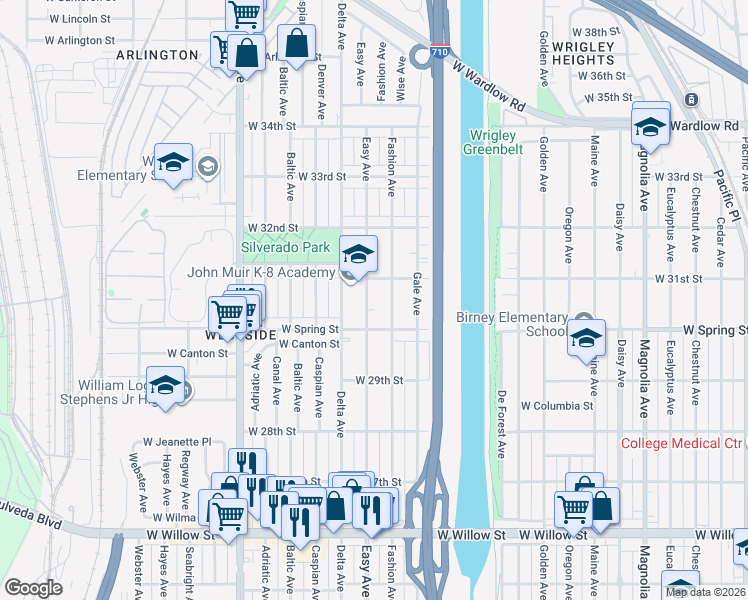 map of restaurants, bars, coffee shops, grocery stores, and more near 3079 Fashion Avenue in Long Beach