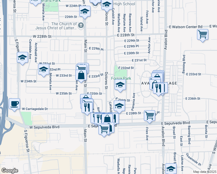 map of restaurants, bars, coffee shops, grocery stores, and more near 23406 Dolores Street in Carson