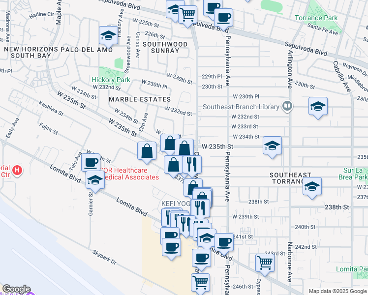 map of restaurants, bars, coffee shops, grocery stores, and more near in Torrance