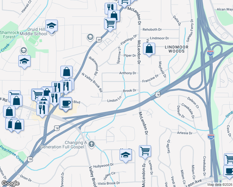 map of restaurants, bars, coffee shops, grocery stores, and more near 3058 Brook Drive in Decatur