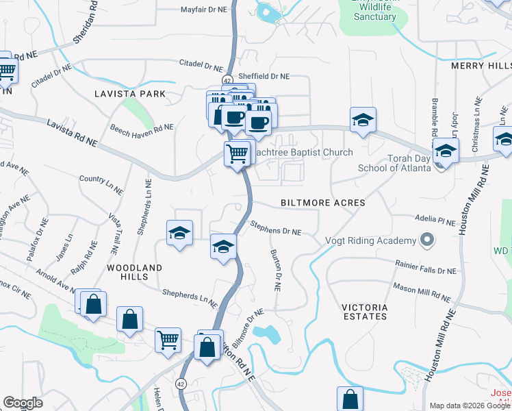map of restaurants, bars, coffee shops, grocery stores, and more near 1384 Lively Ridge Road Northeast in Atlanta