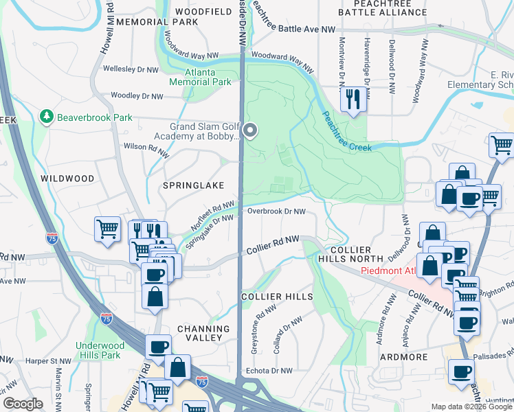 map of restaurants, bars, coffee shops, grocery stores, and more near 571 Overbrook Drive Northwest in Atlanta