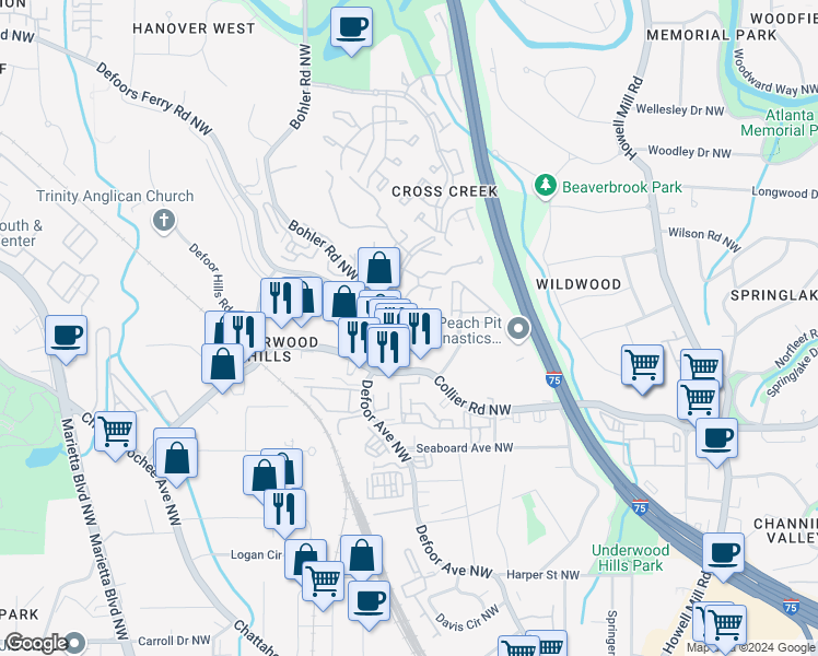 map of restaurants, bars, coffee shops, grocery stores, and more near 2113 Defoors Ferry Road Northwest in Atlanta