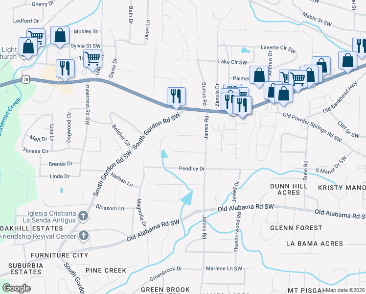 map of restaurants, bars, coffee shops, grocery stores, and more near 1558 Priscilla Lane in Austell