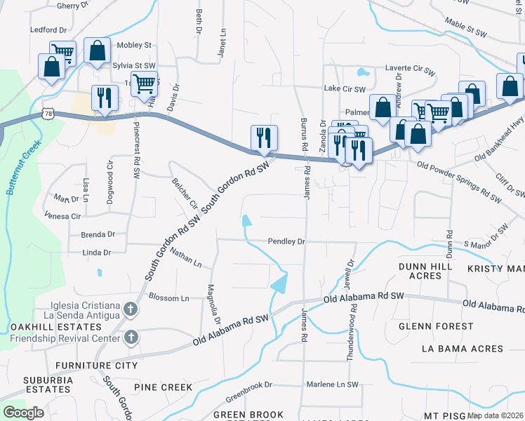 map of restaurants, bars, coffee shops, grocery stores, and more near 1582 Priscilla Lane in Austell