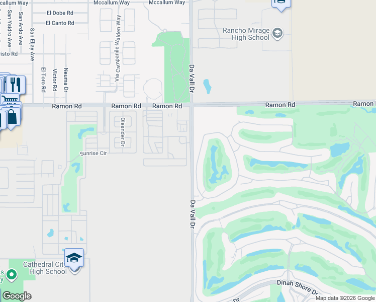 map of restaurants, bars, coffee shops, grocery stores, and more near 85 Vía Las Flores in Rancho Mirage